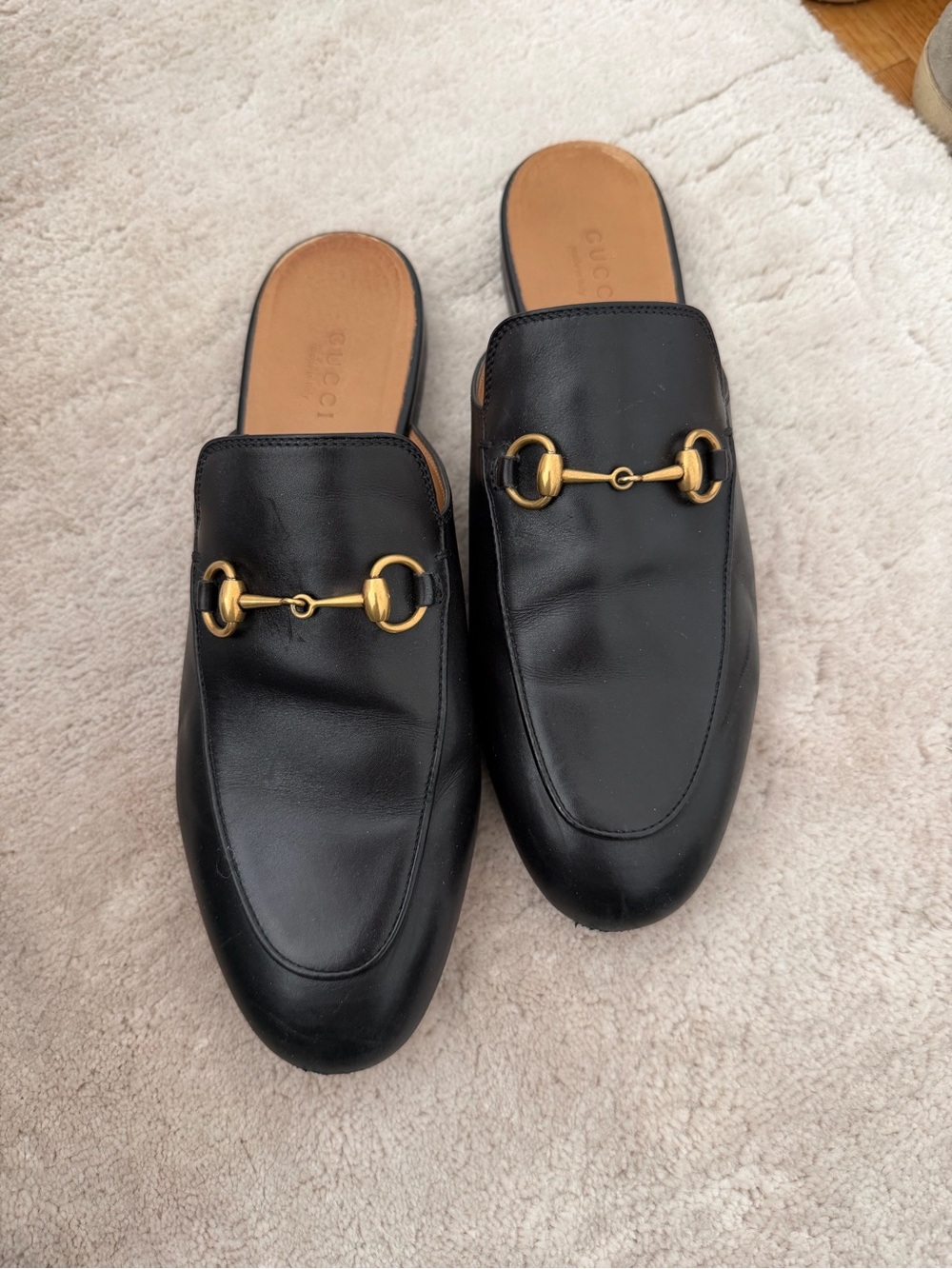 Gucci Black Leather Horsebit Backless Loafers with Gold Hardware